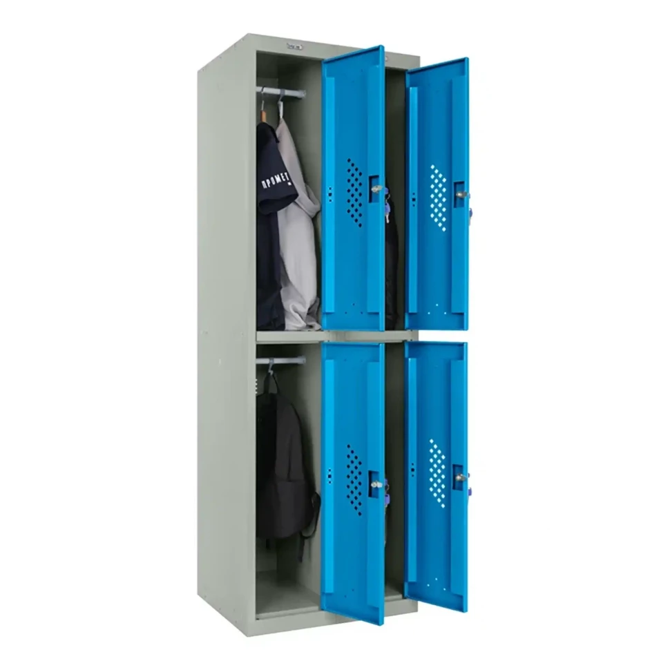 Шкаф металлический четырехдверный серый с голубым