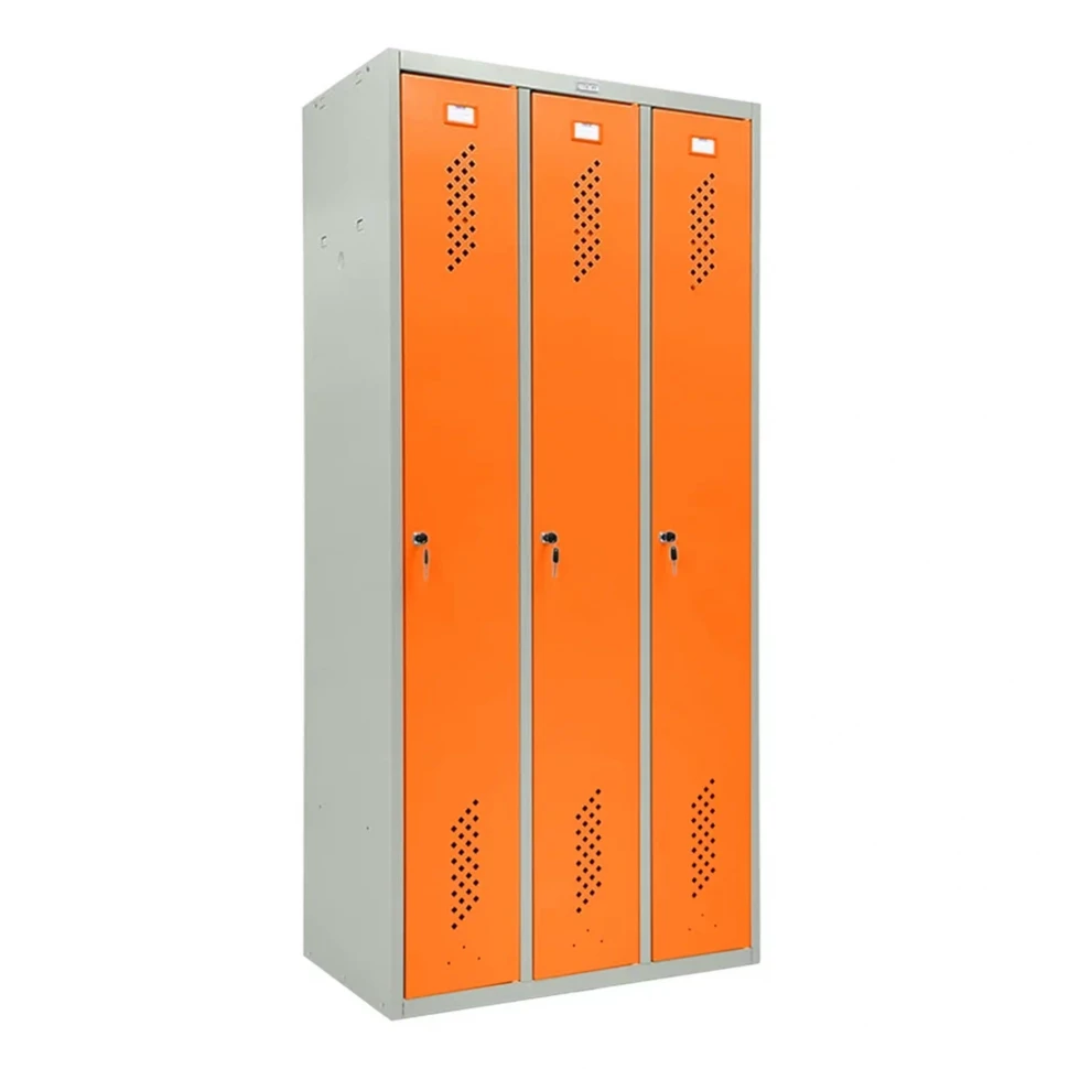 Шкаф металлический трехдверный серый с оранжевым