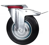 Колесная опора промышленная поворотная, крепление с болтом (шинка - черная литая резина, обод - оцинкованная сталь, в оси - роликовый подшипник)     d125