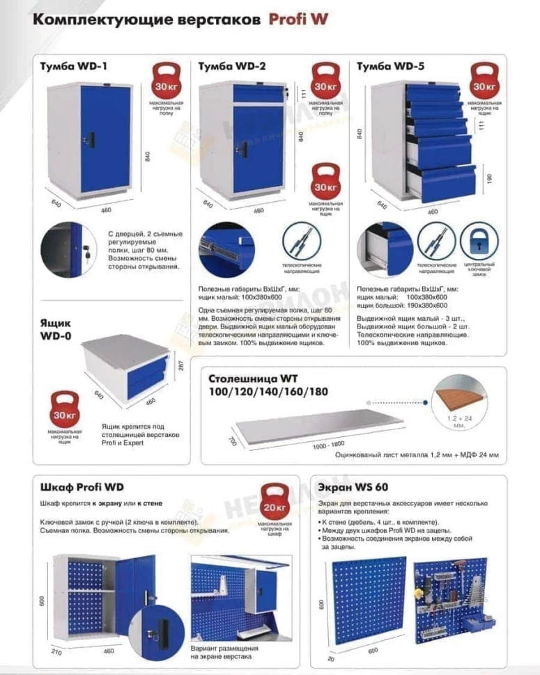 Верстак комбинированный с подвесным ящиком WT160.WD2/WD1.100