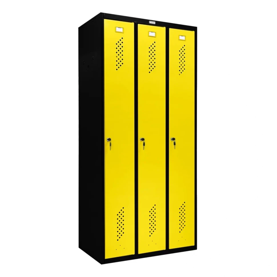 Шкаф металлический трехдверный черный с желтым Шкаф металлический трехдверный черный с желтым