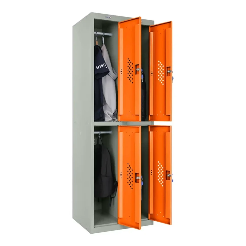 Шкаф металлический четырехдверный серый с оранжевым