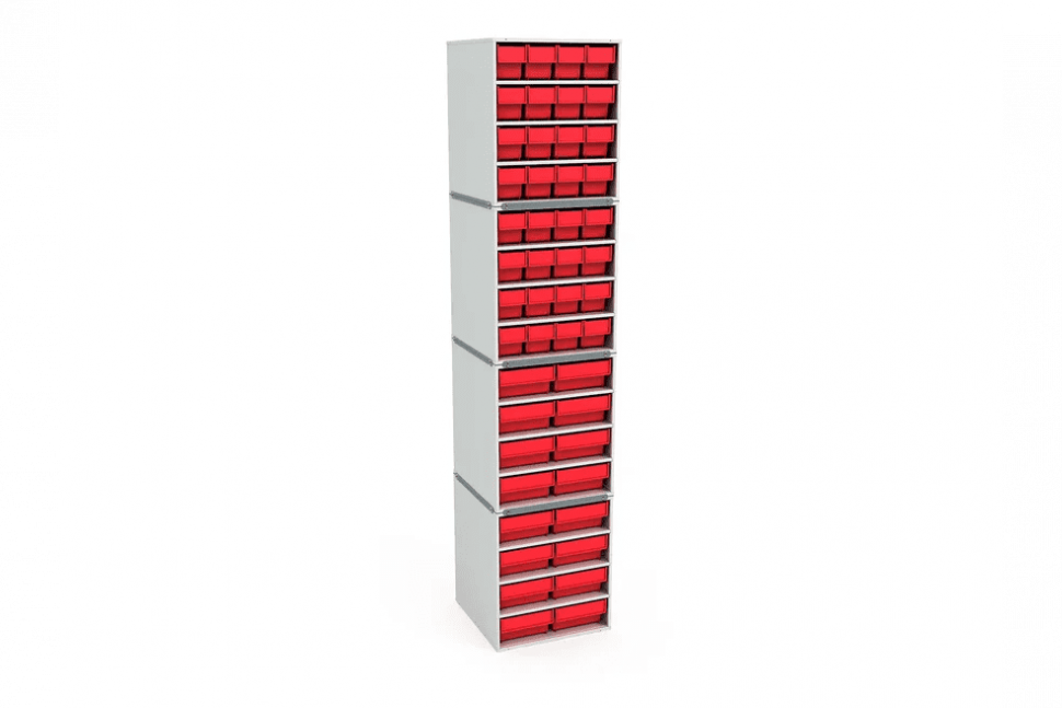 Стационарная кассетница ДиКом (на 4 яруса) с красными ящиками-НАБОР