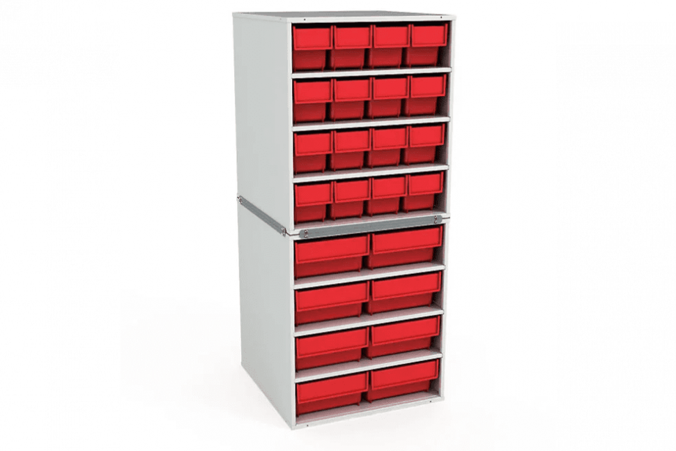 Стационарная кассетница ДиКом (на 2 яруса) с красными ящиками-НАБОР