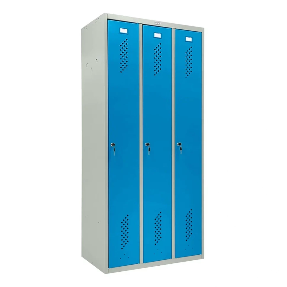 Шкаф металлический трехдверный серый с голубым