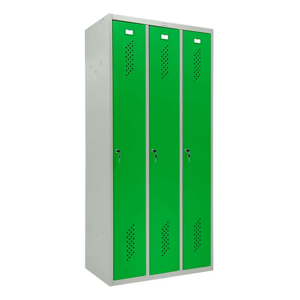 Шкаф металлический трехдверный серый с зеленым