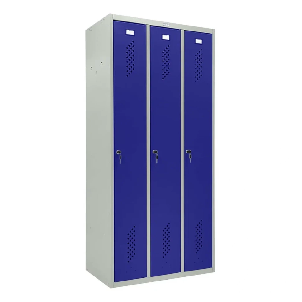 Шкаф металлический трехдверный серый с синим