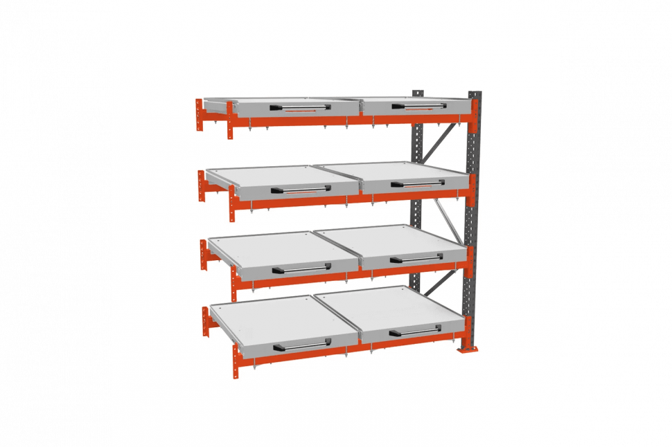Стеллаж с выкатными платформами ДиКом 2000х1800х1000 на 4 яруса доп. секция 