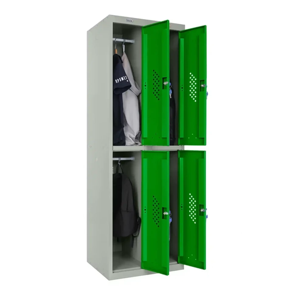 Шкаф металлический четырехдверный серый с зеленым