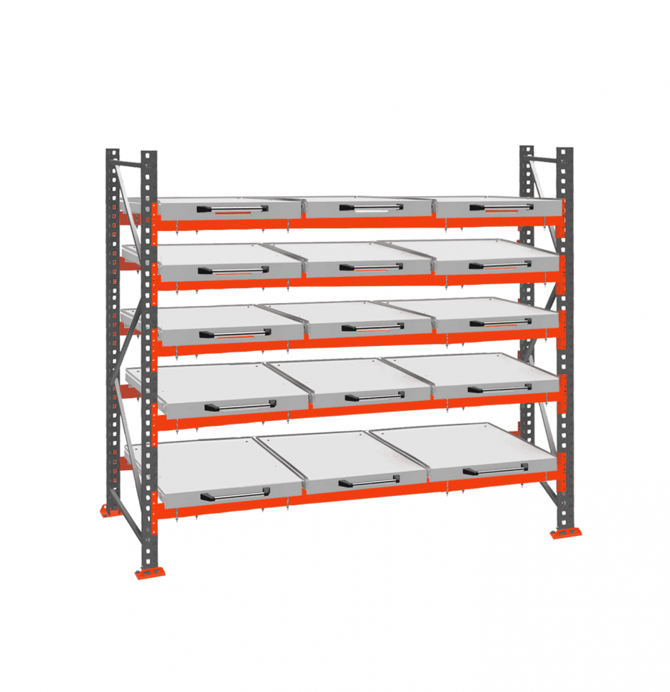 Стеллаж с выкатными платформами ДиКом 3000х2700х1000 на 5 ярусов П-90