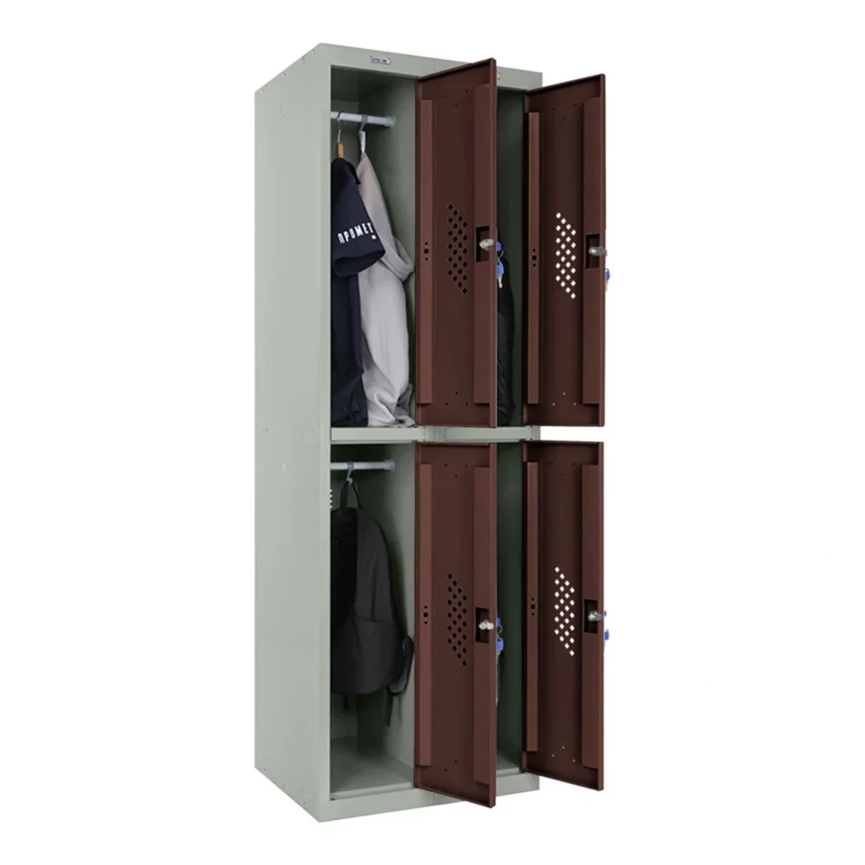 Шкаф металлический четырехдверный серый с коричневым